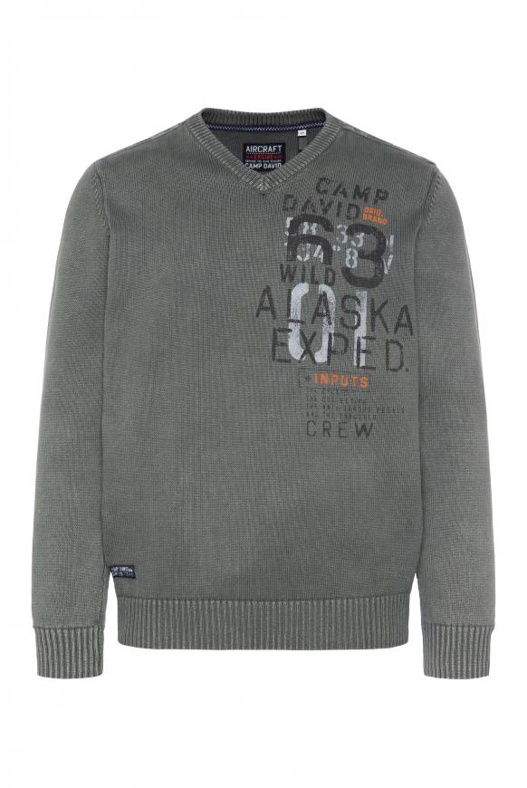 Stone Washed Pullover mit V-Neck medium khaki