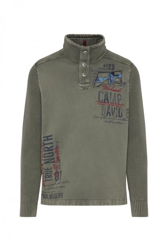 Stone Washed Troyer-Pullover im Materialmix medium khaki