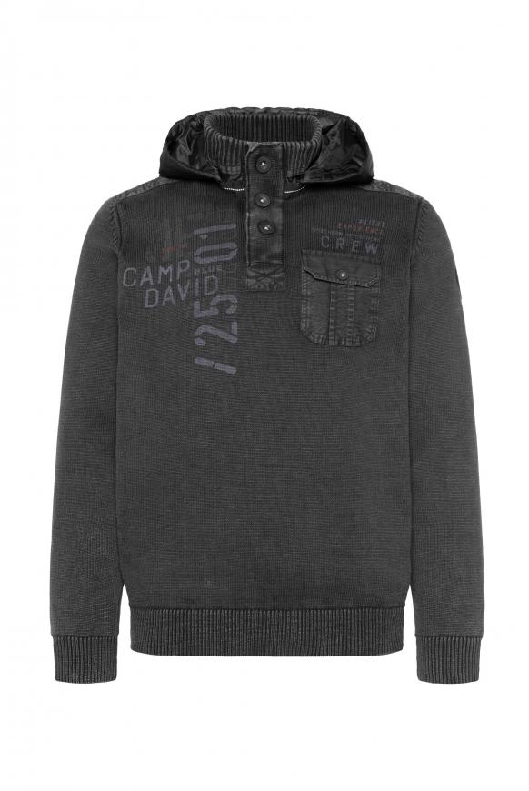 Stone Washed Troyer-Pullover mit Kapuze black