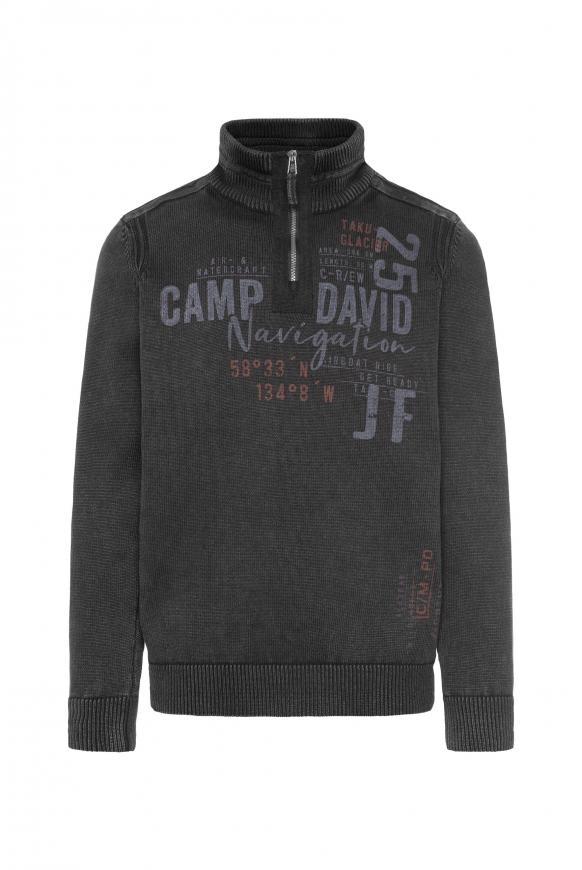 Stone Washed Troyer-Pullover mit Tapes black