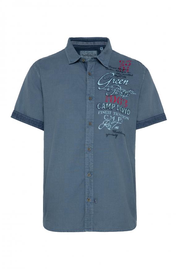 Streifenhemd mit Label Print und Stickereien steel blue