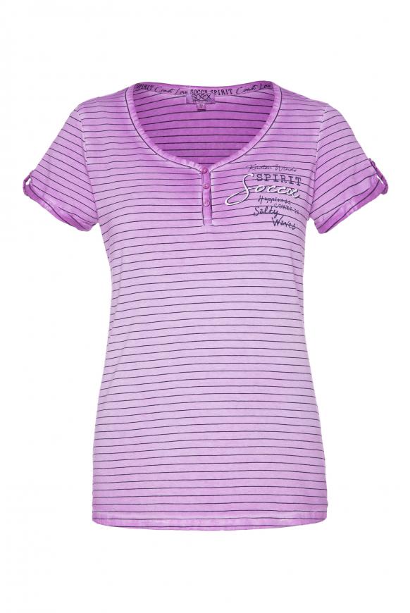 Streifenshirt mit Knopfleiste und Rücken-Print new lilac