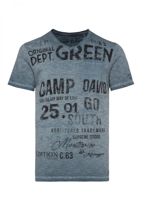 Streifenshirt mit V-Neck und Used Print steel blue