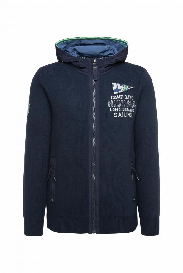 Camp David Herren Strickjacke mit Nylon-Kapuze und Artworks