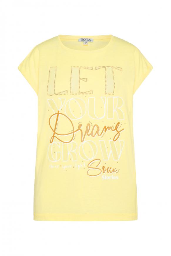 T-Shirt mit Glitter Print und Schmucksteinen faded yellow