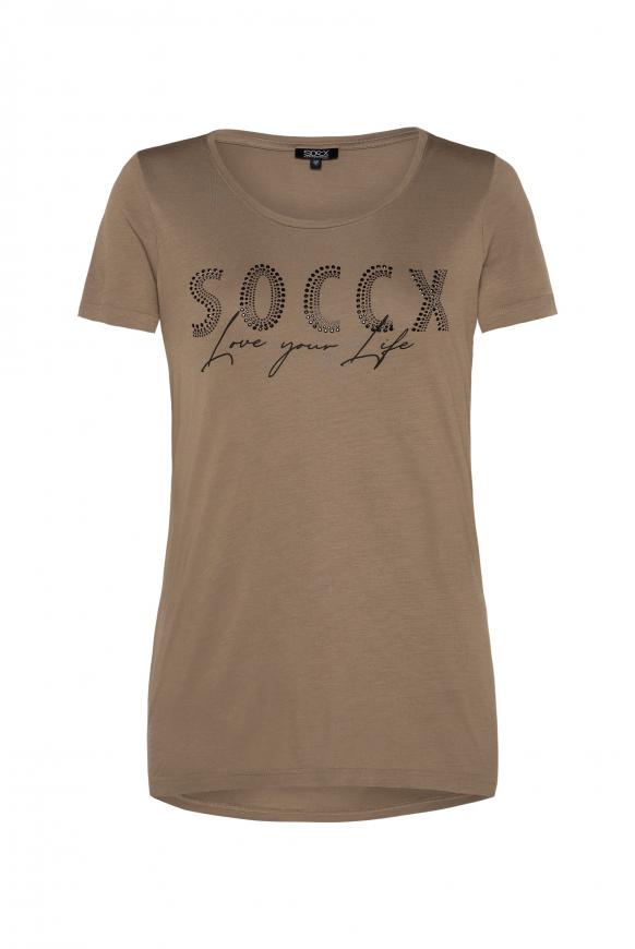T-Shirt mit Logo aus Glitzersteinen caramel