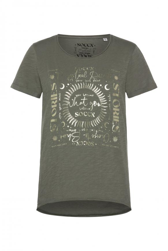 T-Shirt mit Print Artwork und Used-Kanten desert olive