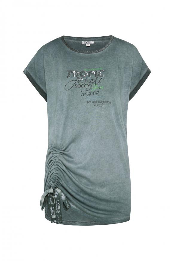 T-Shirt mit Raffung und Pailletten-Artwork green leaf