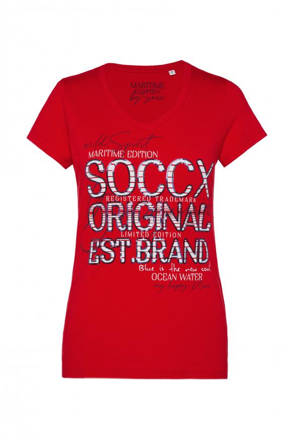 T-Shirt mit V-Ausschnitt und Artwork royal red