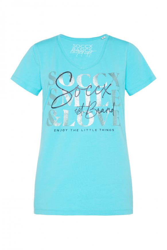 T-Shirt mit V-Ausschnitt und Artwork lagoon blue