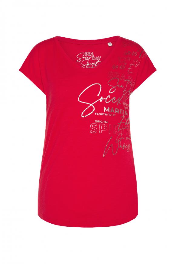 T-Shirt mit V-Ausschnitt und Folienprint clear red