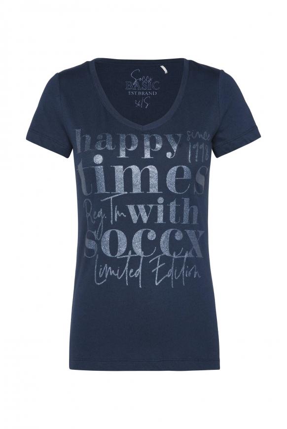 T-Shirt mit V-Ausschnitt und Glitter Print sea blue