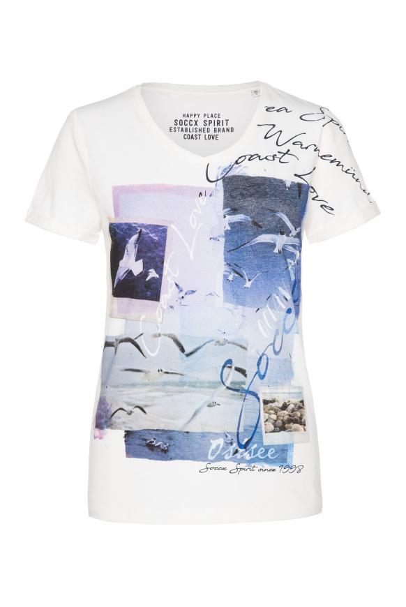 T-Shirt mit V-Ausschnitt und Photoprint ivory