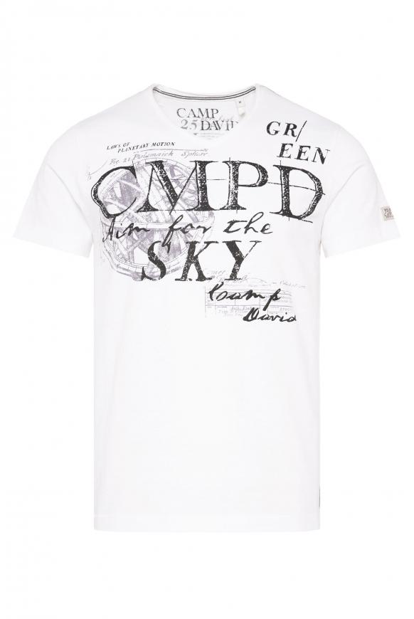T-Shirt mit V-Ausschnitt und Used Prints opticwhite