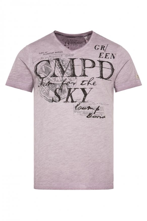 T-Shirt mit V-Ausschnitt und Used Prints french violet