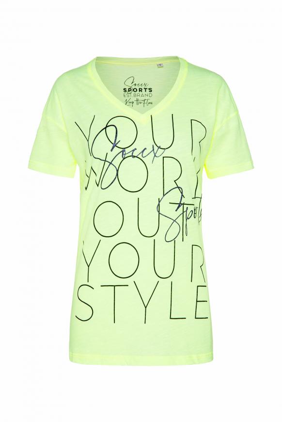 T-Shirt mit V-Ausschnitt und Wording Print summer lime