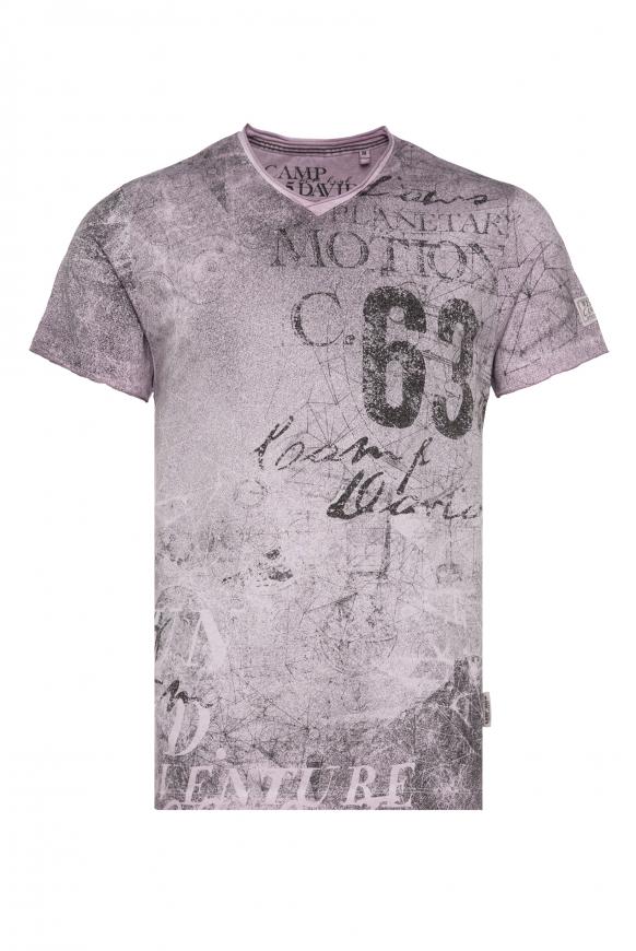 T-Shirt mit V-Neck und All Over Print french violet