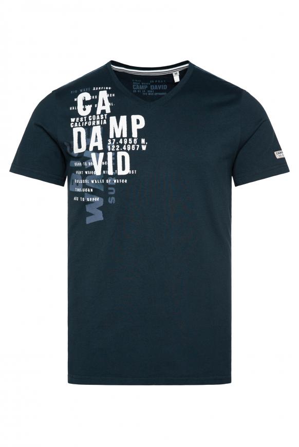 T-Shirt mit V-Neck und Label Prints blue navy