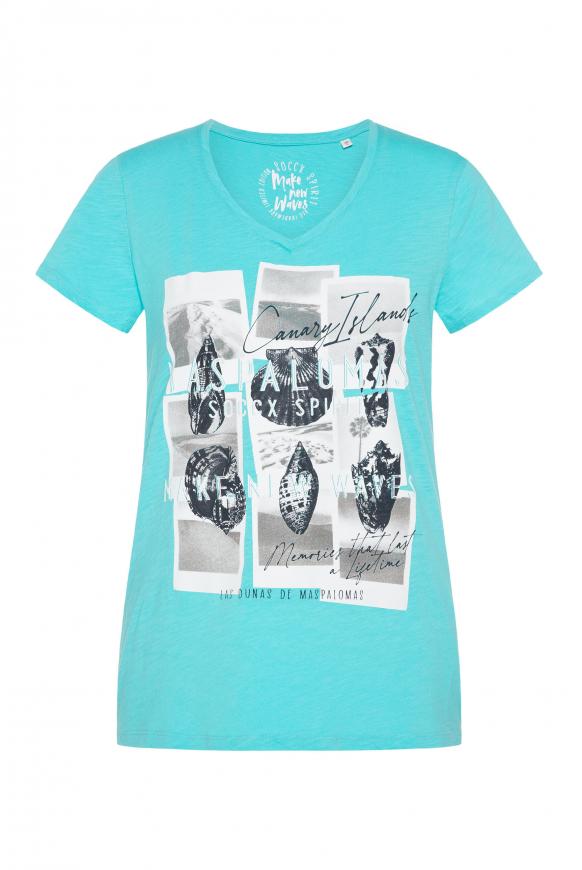 T-Shirt mit V-Neck und Print Artwork lagoon blue
