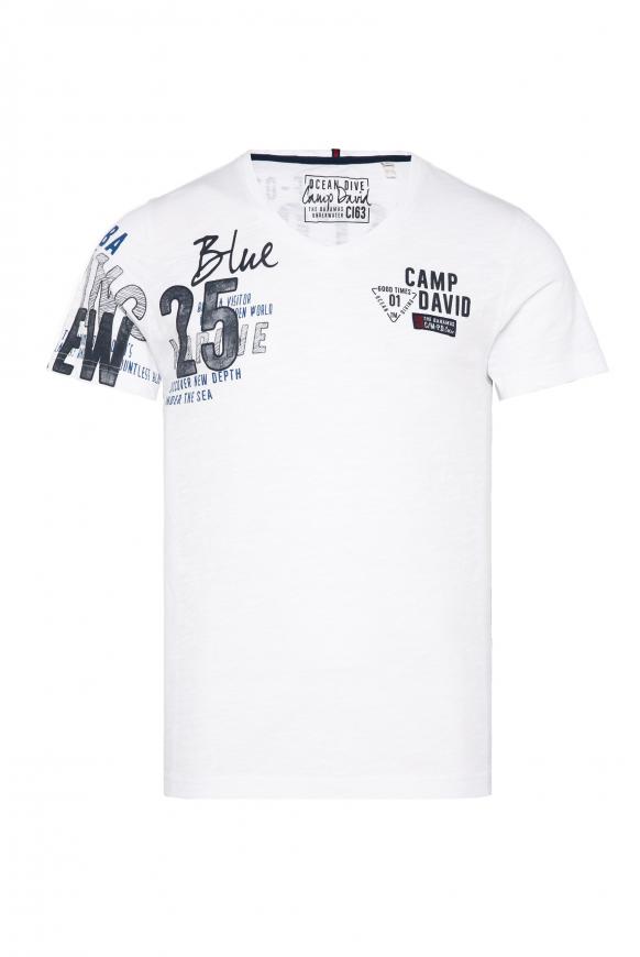 T-Shirt mit V-Neck und Rubber-Artworks opticwhite