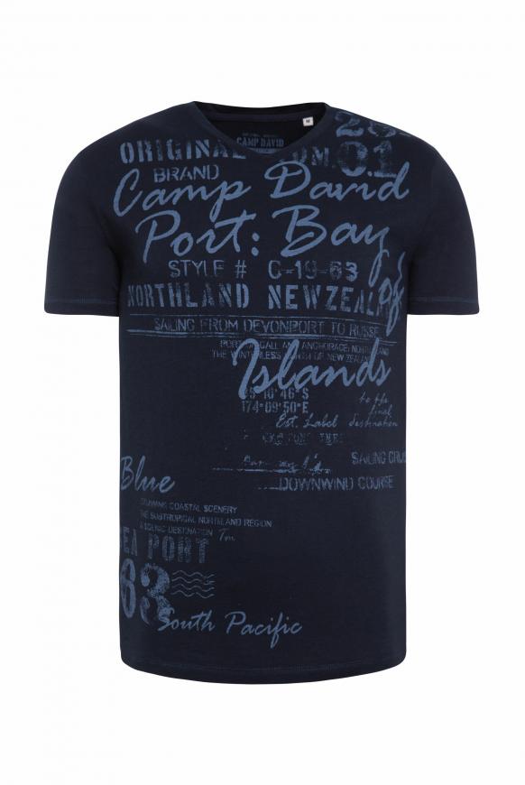 T-Shirt mit V-Neck und Used Print blue navy