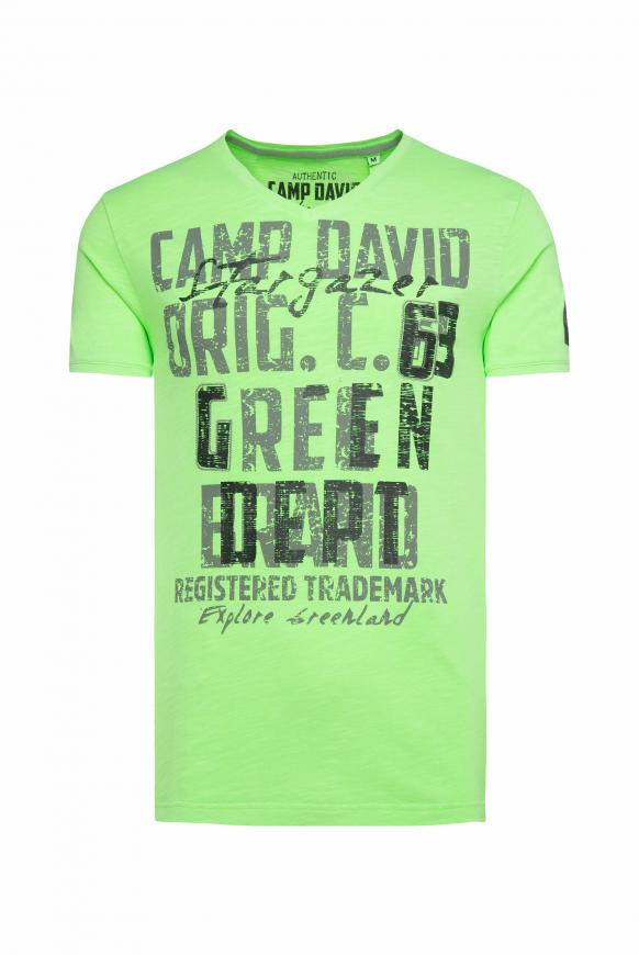 T-Shirt mit V-Neck und Used Print signal green