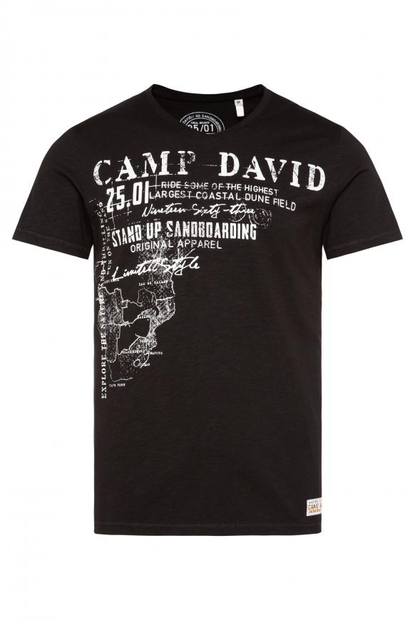 Camp David Herren T-Shirt V-Ausschnitt - Used Print Mit Patches Design