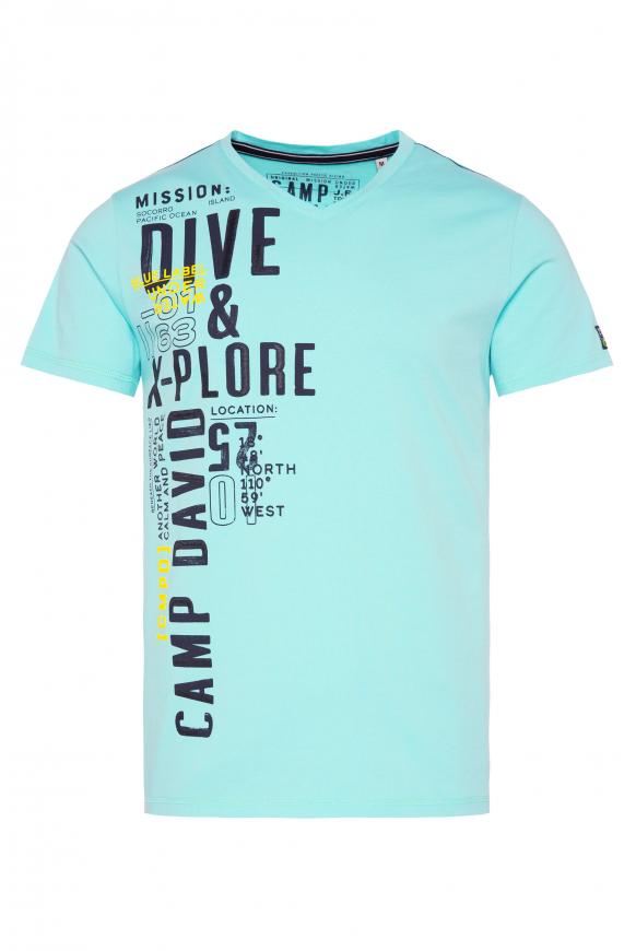 T-Shirt V-Neck mit Print Artwork flash aqua