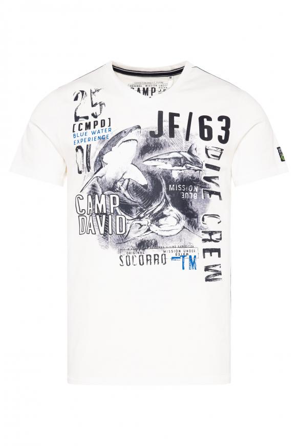 T-Shirt V-Neck mit Print Artwork ivory