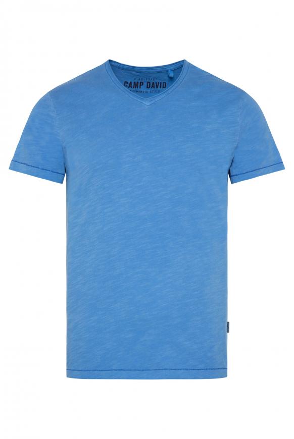 T-Shirt V-Neck mit Used Look scuba blue