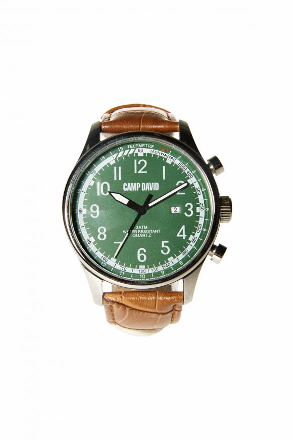 Uhr aus Stahl mit strukturiertem Lederarmband green