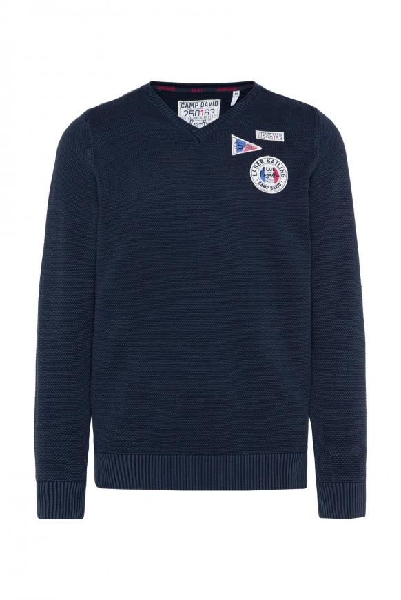 V-Pullover mit Strickmuster und Patches blue navy