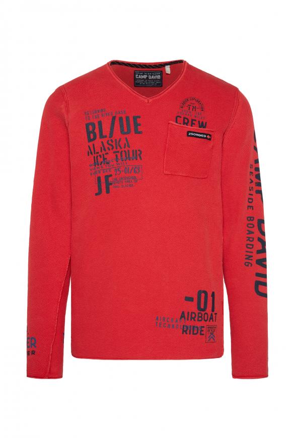V-Pullover mit Used Look mission red