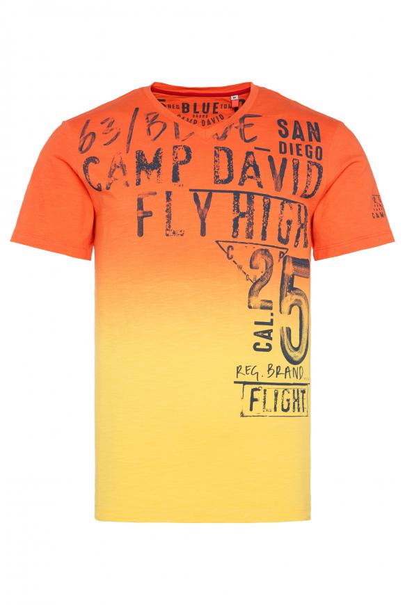 V-Shirt Dip Dye mit Used Print yellow sun / red sun