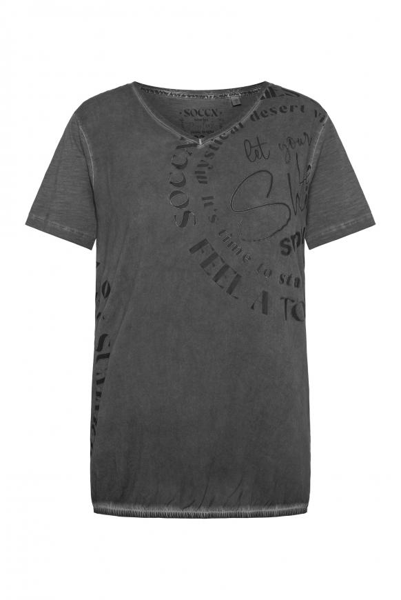 V-Shirt im Materialmix mit Prints fog black