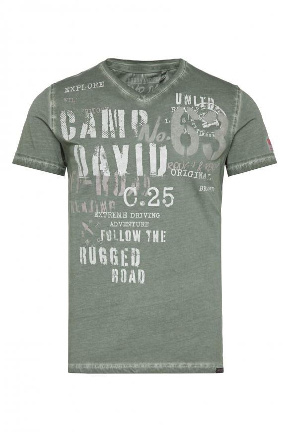 V-Shirt mit Used-Optik und Label Prints khaki