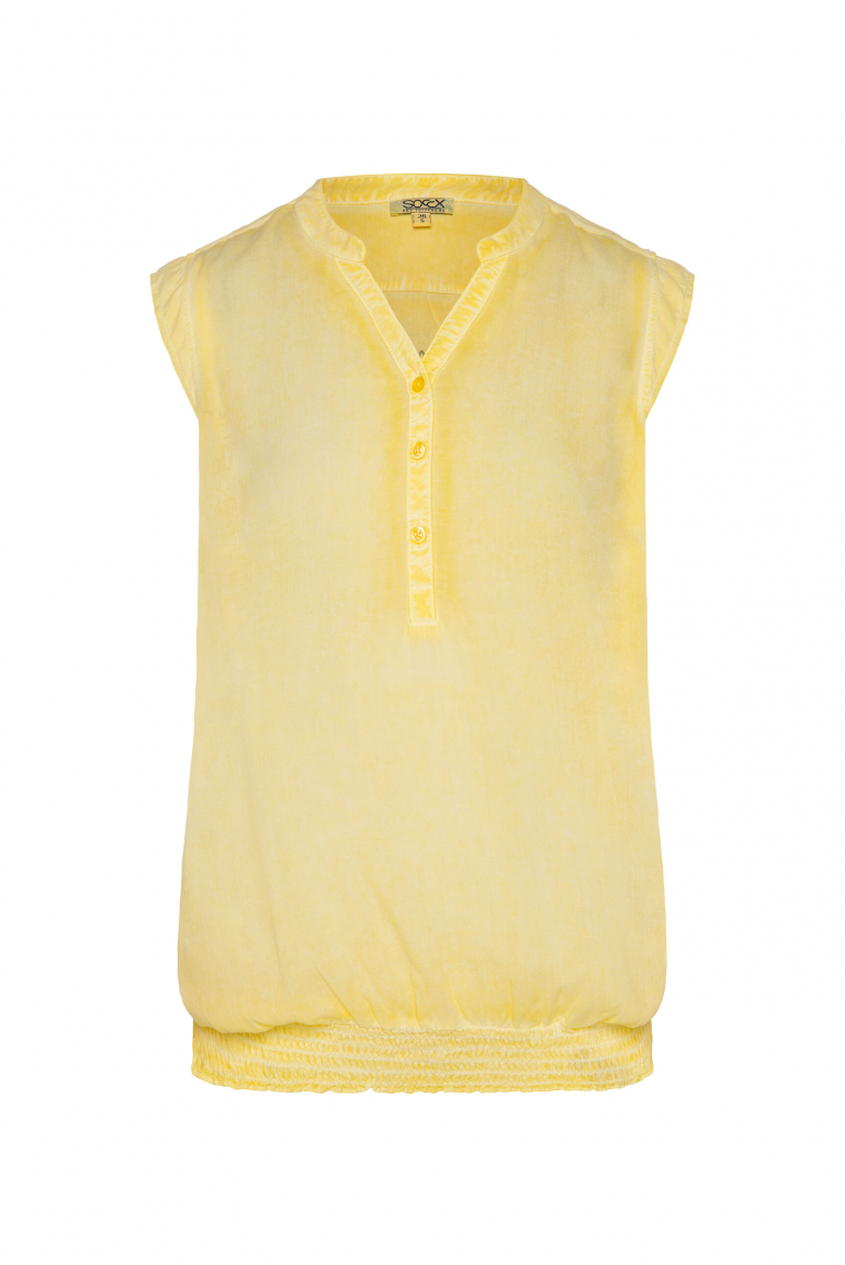 Ärmellose Bluse mit gesmoktem Saum und Rückenprint soft yellow
