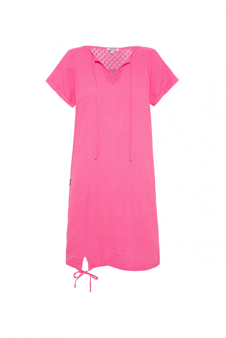 Ballonkleid aus Leinen mit Ajour-Details floral pink