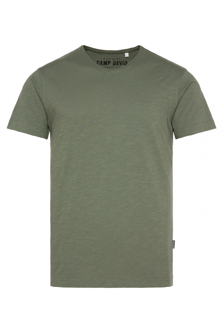 Basic T-Shirt V-Neck mit Used-Kante green olive