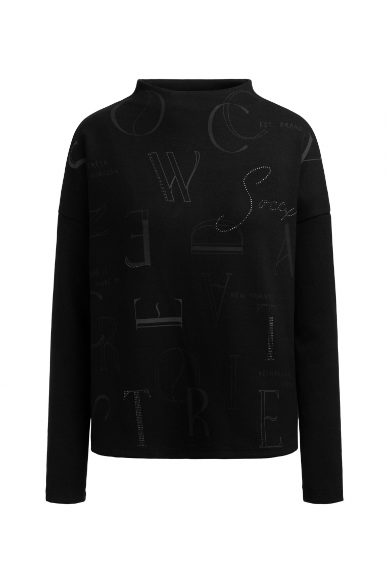 Boxy-Sweatshirt mit Print und Schmucksteinen black
