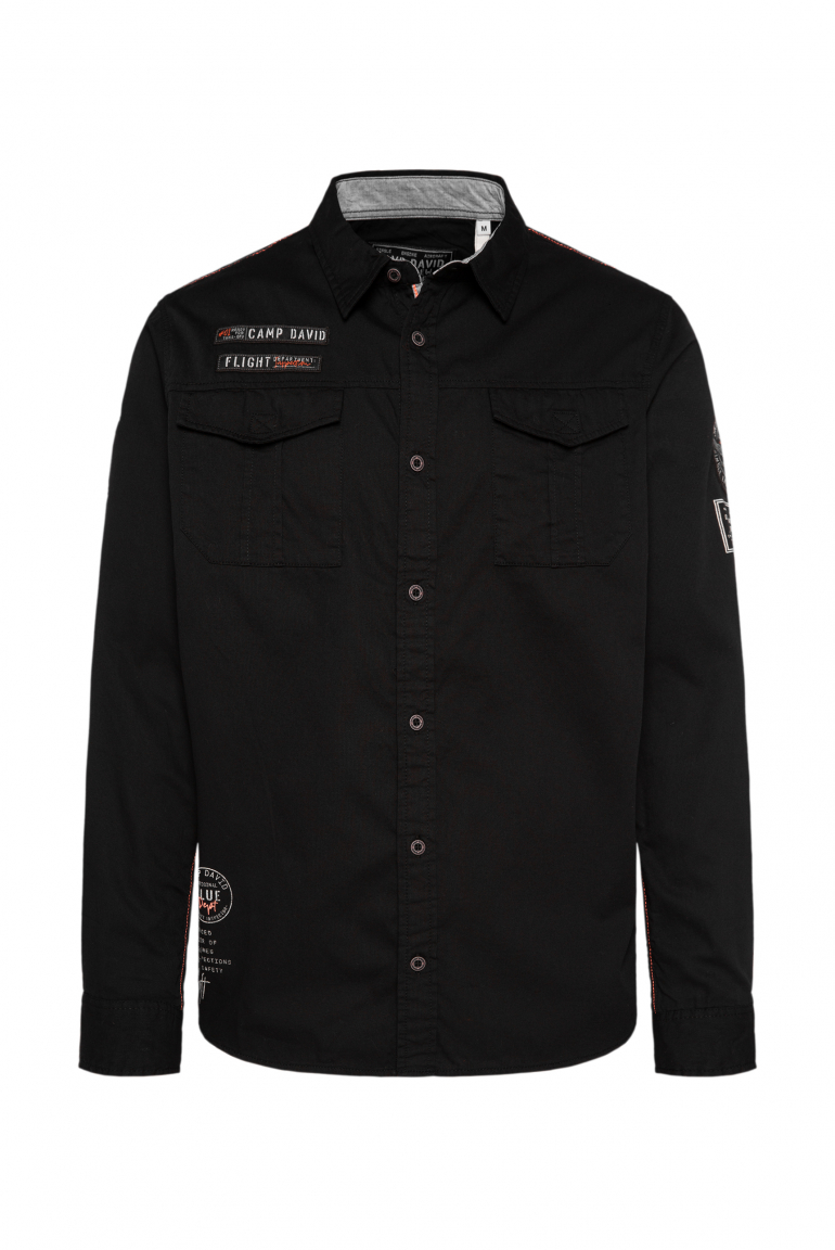 Cargohemd mit Klappentaschen, Patches und Prints black