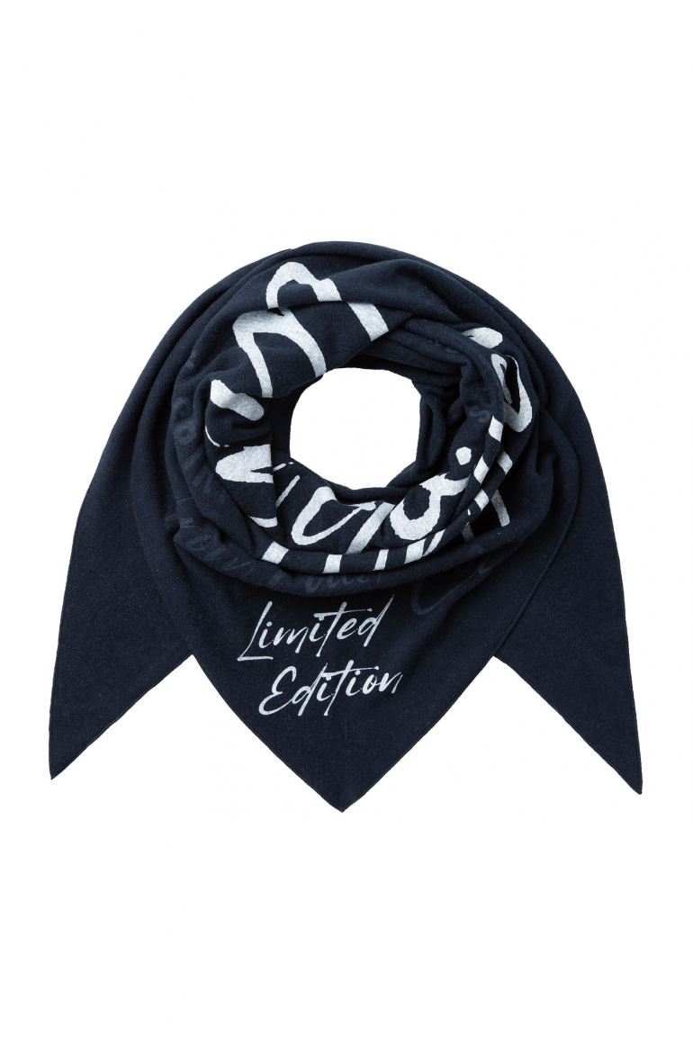 Dreieckstuch aus Flauschstrick mit Wording Prints blue navy