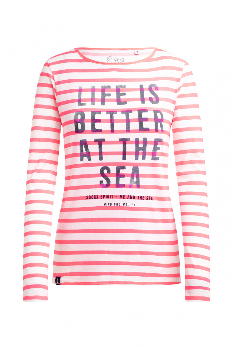 Gestreiftes Longsleeve mit U-Boot-Ausschnitt und Print neon pink