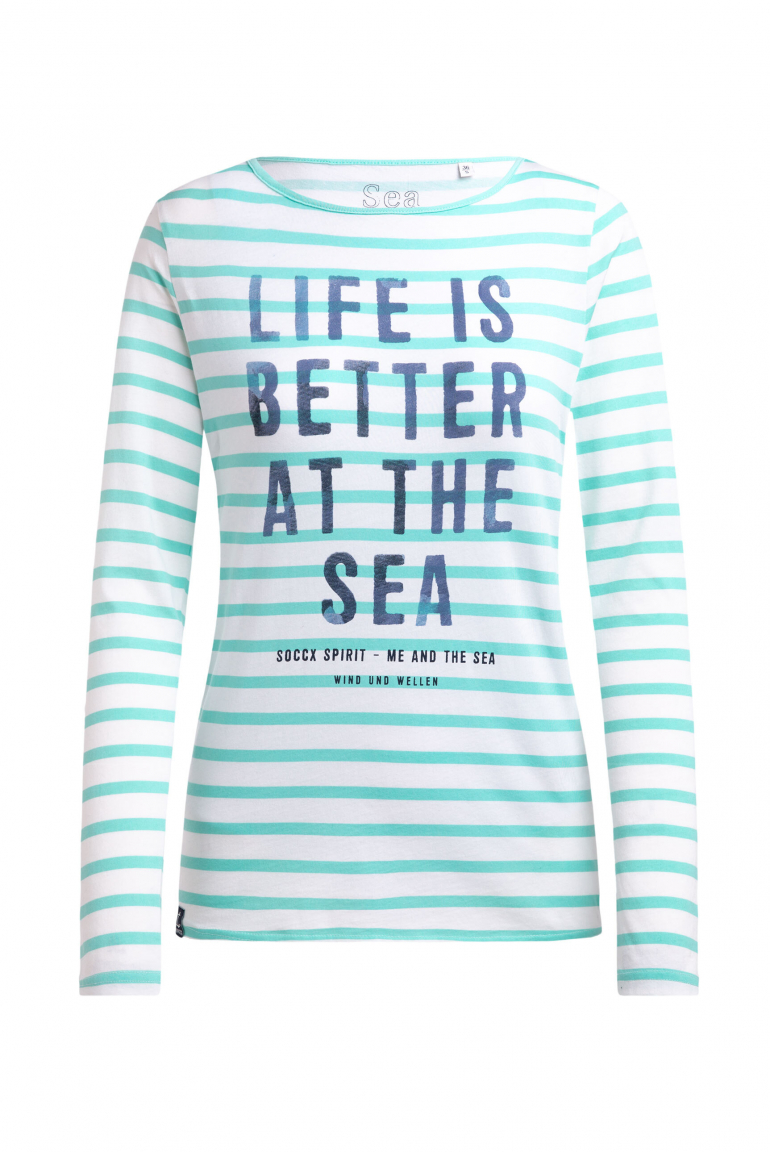 Gestreiftes Longsleeve mit U-Boot-Ausschnitt und Print new aqua