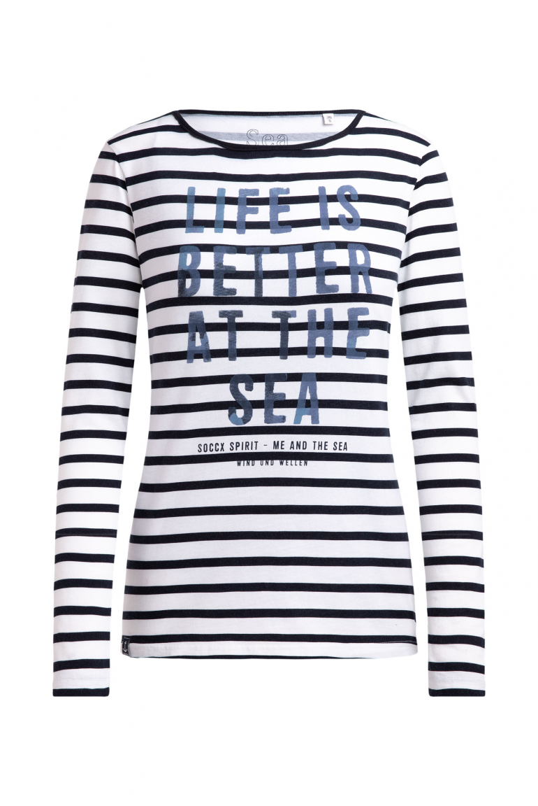 Gestreiftes Longsleeve mit U-Boot-Ausschnitt und Print blue navy