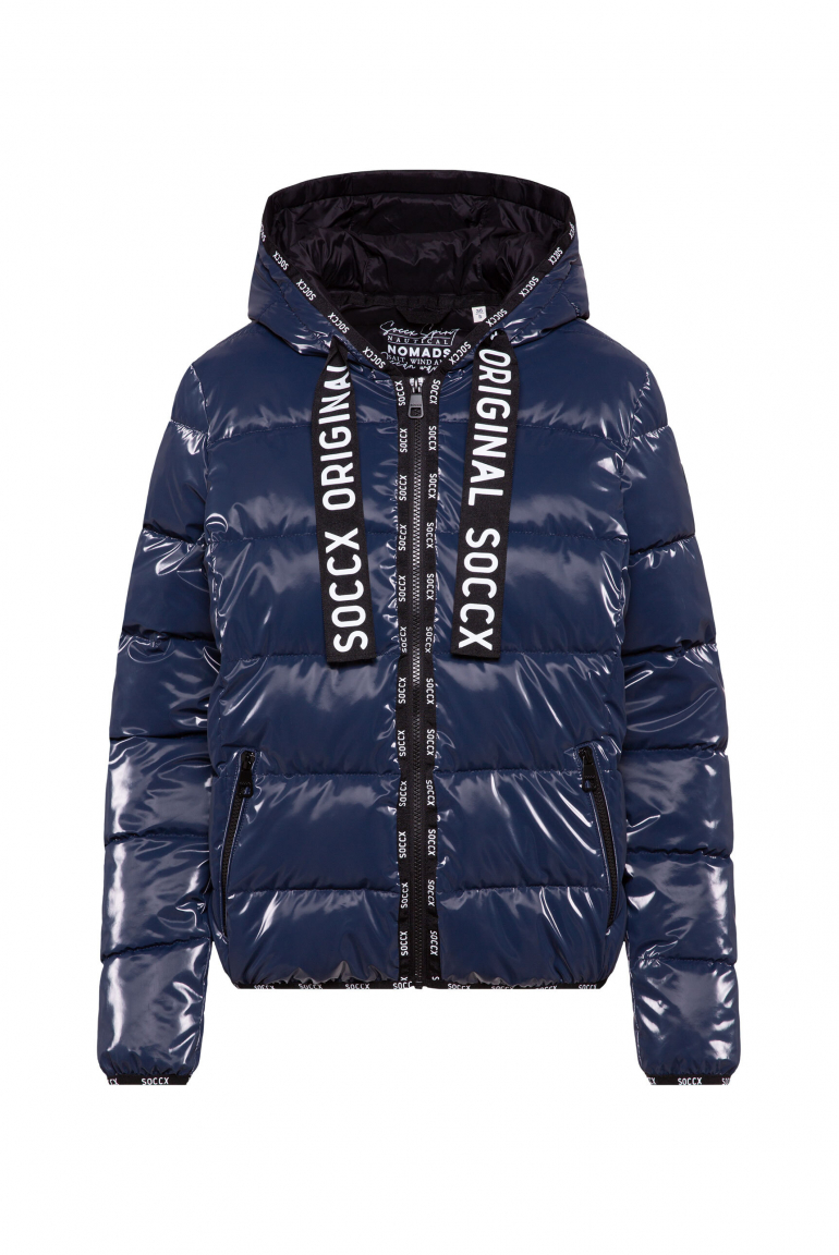 Glänzende Steppjacke mit Kapuze und Logo-Bändern blue navy