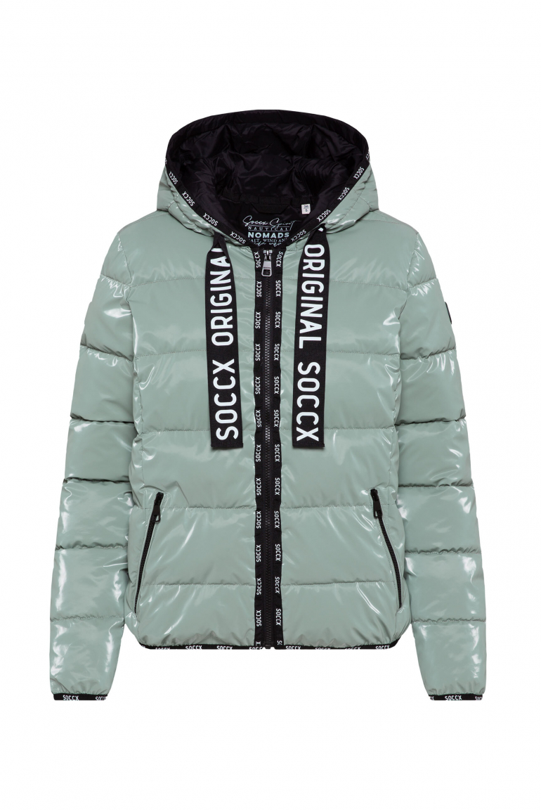 Glänzende Steppjacke mit Kapuze und Logo-Bändern frosted lake