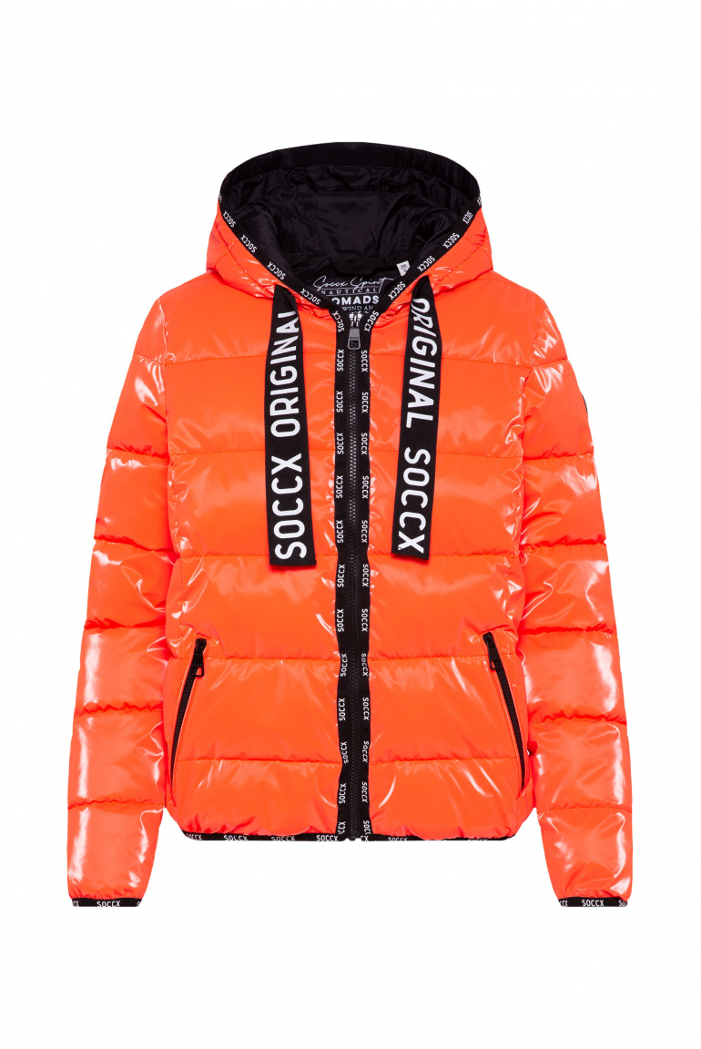 Glänzende Steppjacke mit Kapuze und Logo-Bändern brilliant orange neon