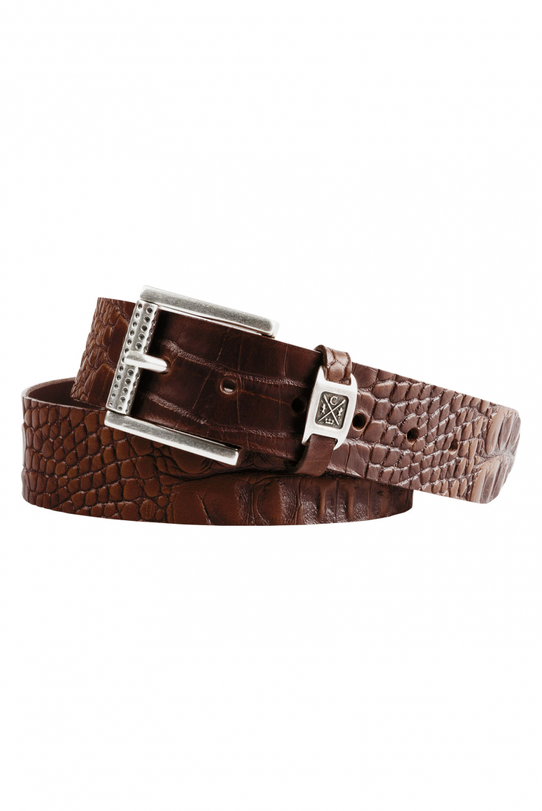 Gürtel aus geprägtem Leder mit Metall-Logo dark brown