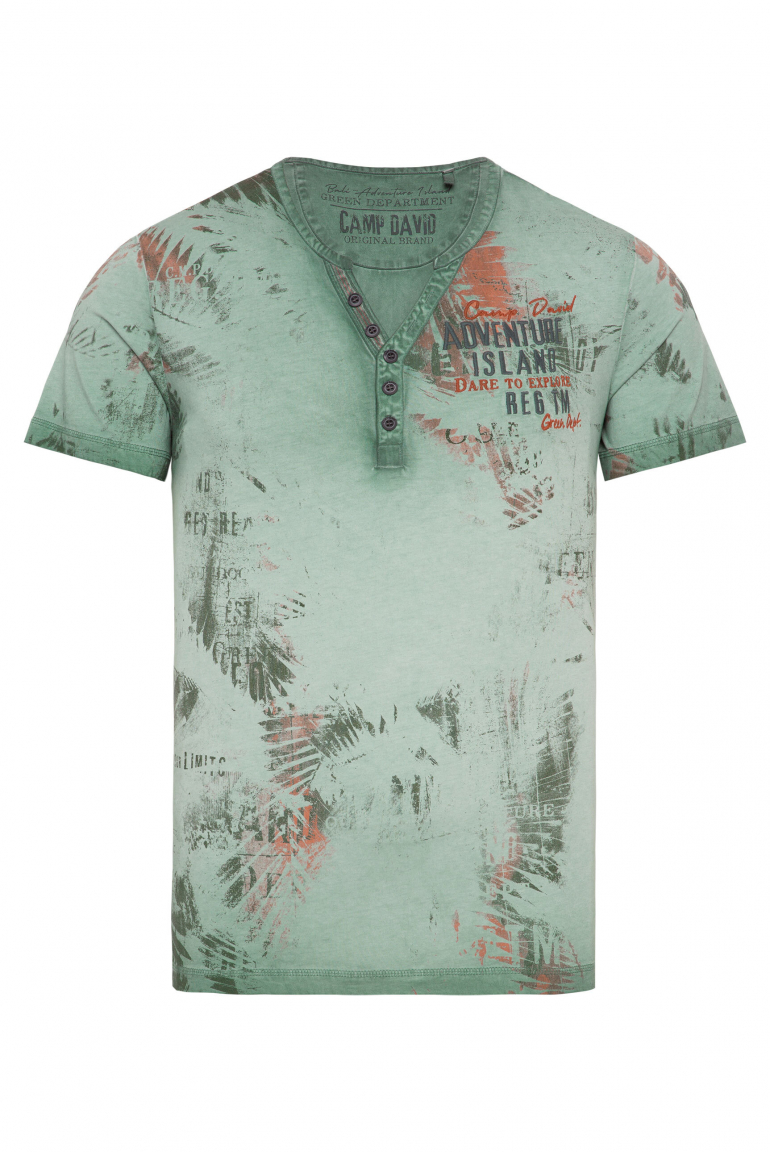 Henley-Shirt mit All Over Print und Stickereien deep green